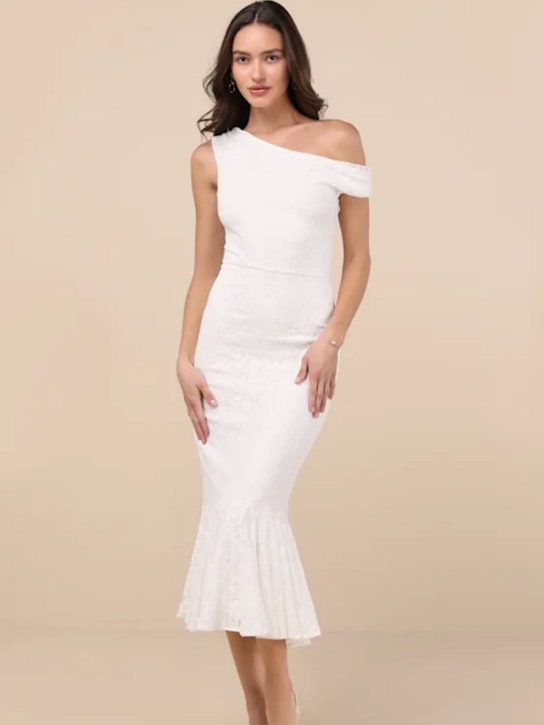 Nwt Lulus Nadie White Lace Asymmetrical Midi Dress